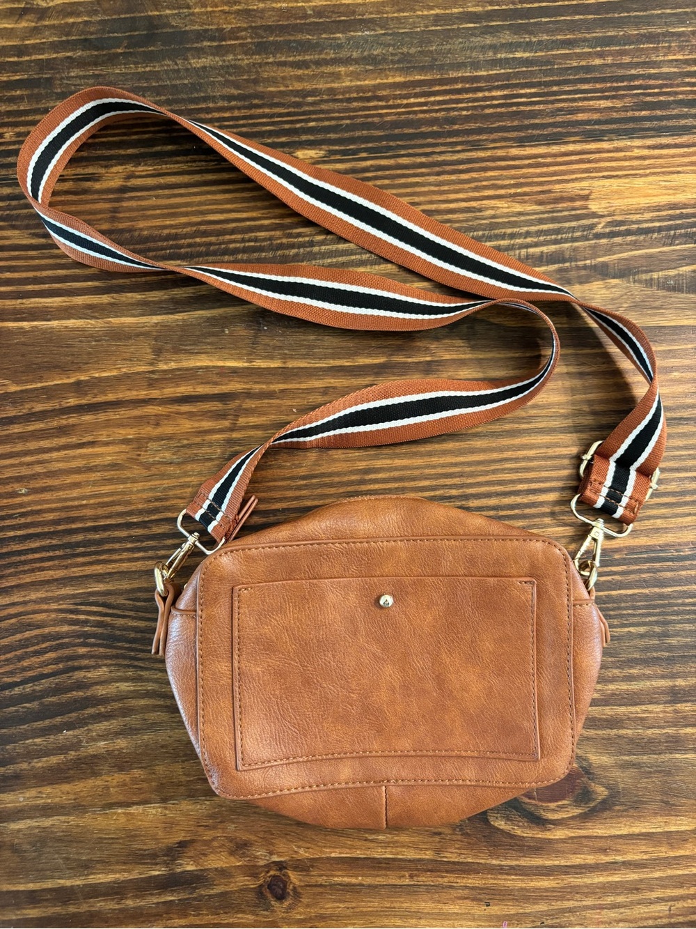 Altar’d State Cognac Crossbody Bag | Adjustable Striped Strap | Faux Leather
